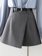 Flowering Girl Women Grey High Waist Business Formal Mini Skort Irregular Wrap Design with Matching Belt