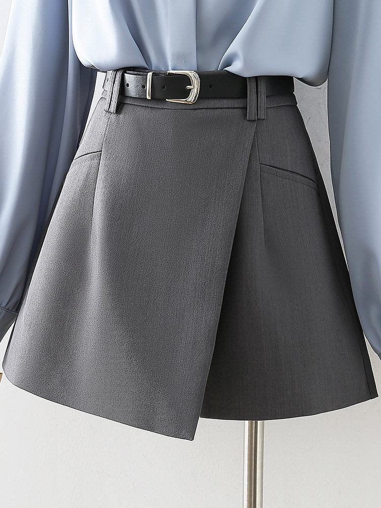 Flowering Girl Women Grey High Waist Business Formal Mini Skort Irregular Wrap Design with Matching Belt