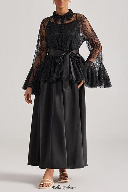 Tiffany black lace bell-sleeve ruffle embroidered top maxi skirt set