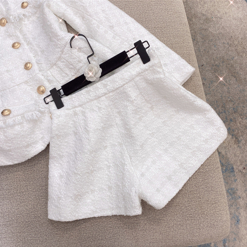 Flowering Girl Women Metal button wool shorts two-piece set - white
