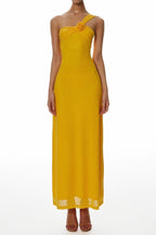 Flowering Girl Women One-Shoulder Flower a-Line Maxi Dress In Yellow