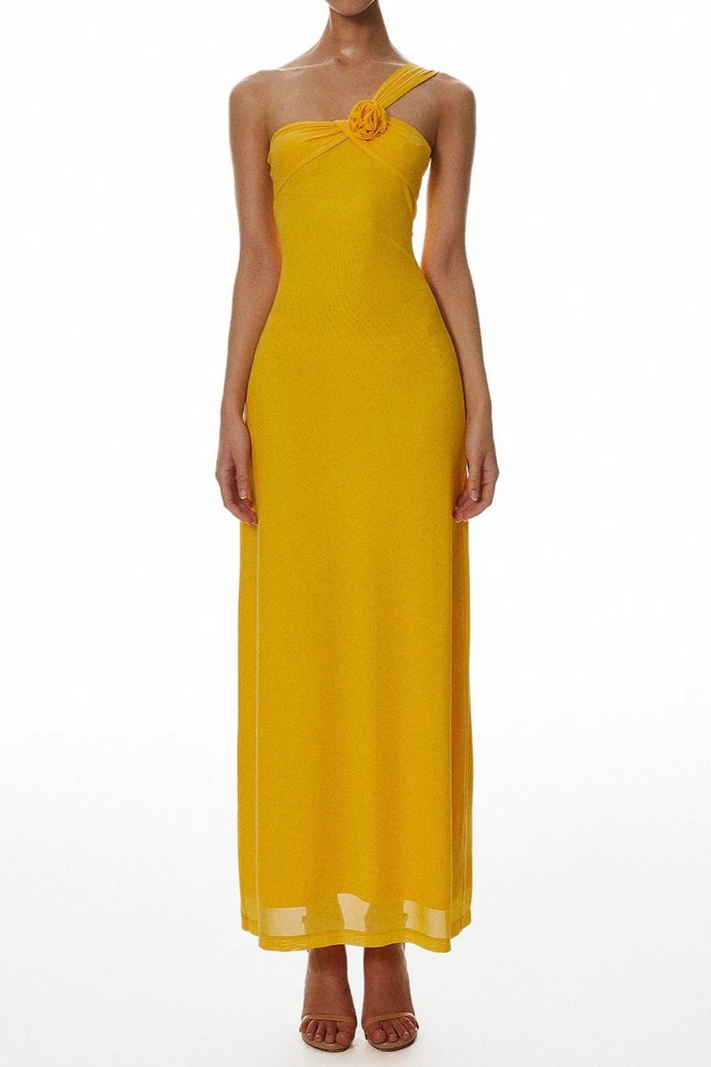 Flowering Girl Women One-Shoulder Flower a-Line Maxi Dress In Yellow