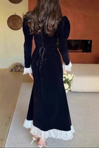 Flowering Girl Women black long-sleeved waist-cinching dress