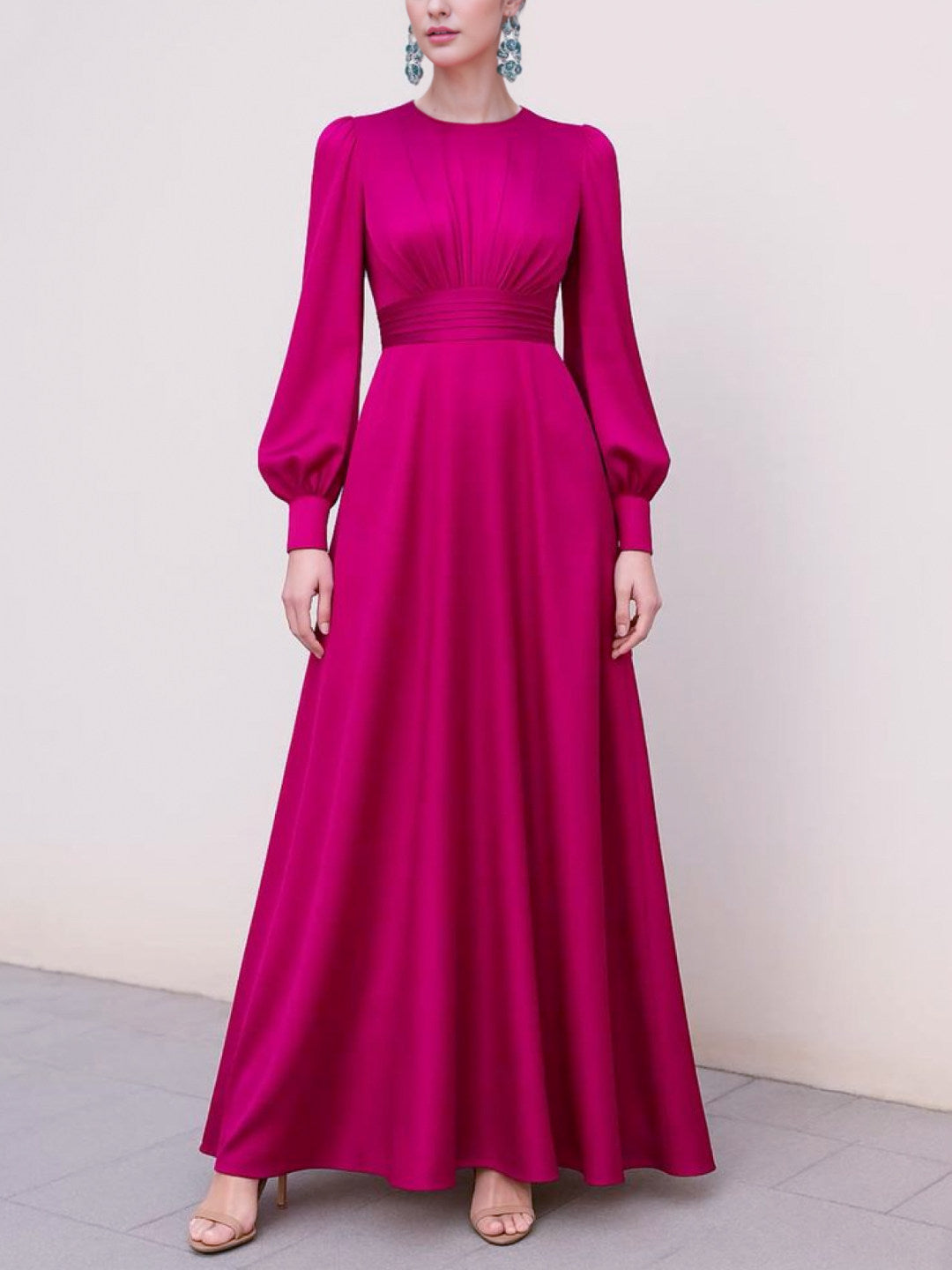 Fuchsia Satin Long Sleeve Maxi Dress With Gathered Waist