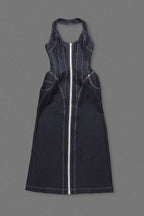 Flowering Girl Women Haltered Corseted Midi Dress Denim In Navy Blue