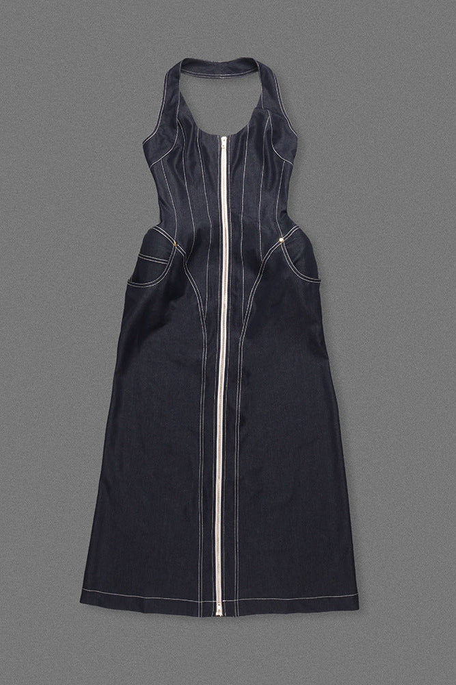 Flowering Girl Women Haltered Corseted Midi Dress Denim In Navy Blue