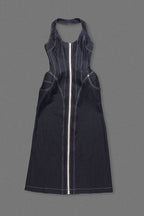 Flowering Girl Women Haltered Corseted Midi Dress Denim In Navy Blue