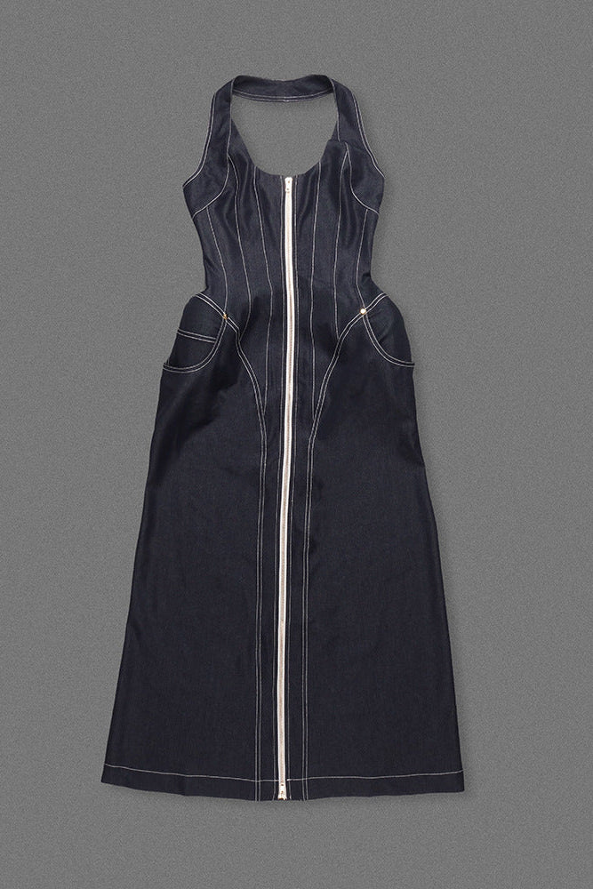 Flowering Girl Women Haltered Corseted Midi Dress Denim In Navy Blue