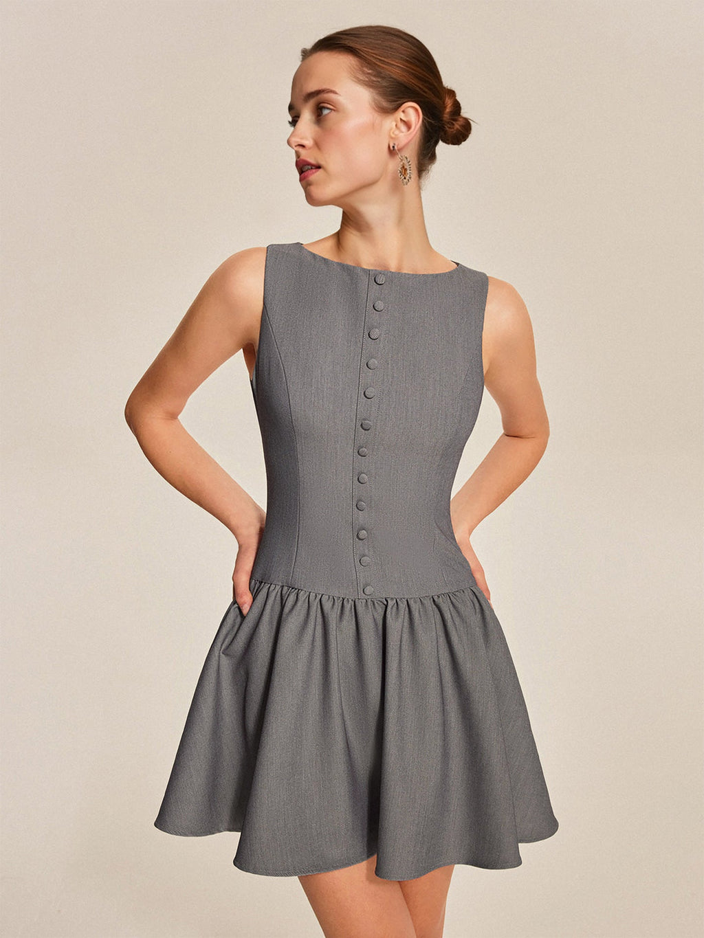 Flowering Girl Women Grey Boat Neck Sleeveless Button Front Gathered Flare Mini Dress