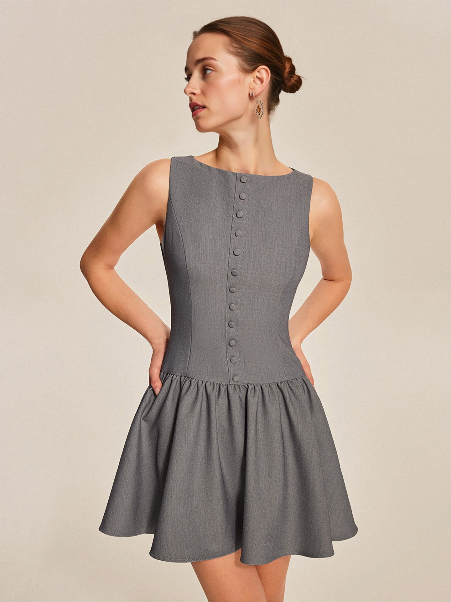 Flowering Girl Women Grey Boat Neck Sleeveless Button Front Gathered Flare Mini Dress