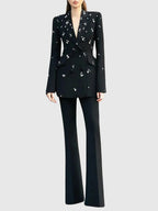 Flowering Girl Women Myra Black Straight Flared Velvet Floor Length Pants Rhinestone Blazer Set