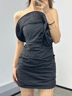 Flowering Girl Women Strapless Ruffled Taffeta Mini Dress in Black