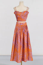 Pleated floral-print linen bustier top skirt set in blue