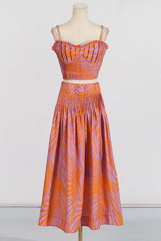 Pleated floral-print linen bustier top skirt set in blue