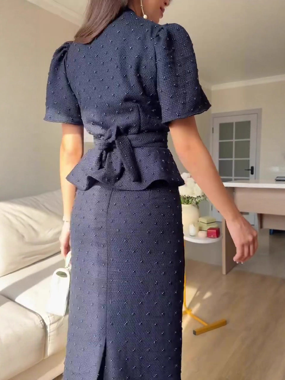 Flowering Girl Women navy blue short-sleeved long skirt suit dress