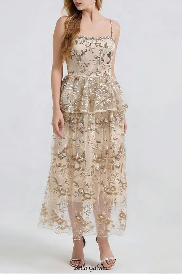 ashley gold rhinestone sequin embroidery layer maxi dress