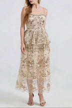 Ashley Gold Rhinestone Sequin Embroidery Layer Maxi Dress