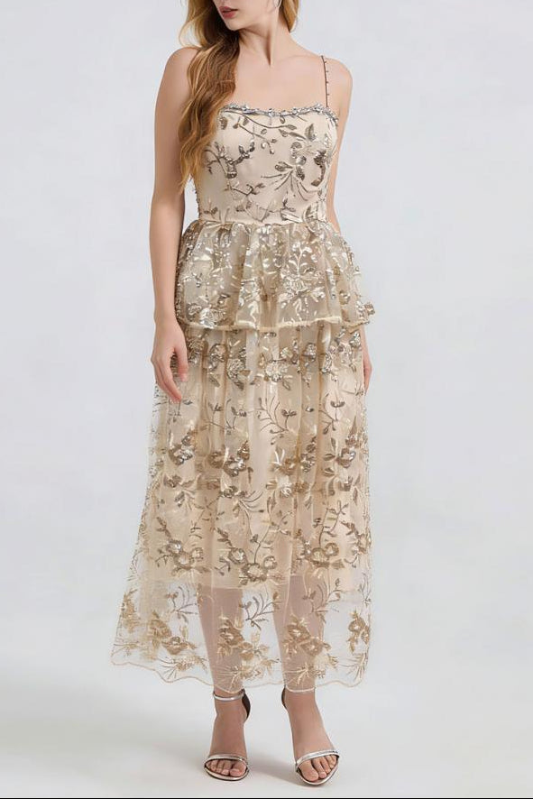 Ashley Gold Rhinestone Sequin Embroidery Layer Maxi Dress