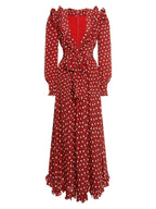 Red Long Sleeve Polka Dot Midi Dress