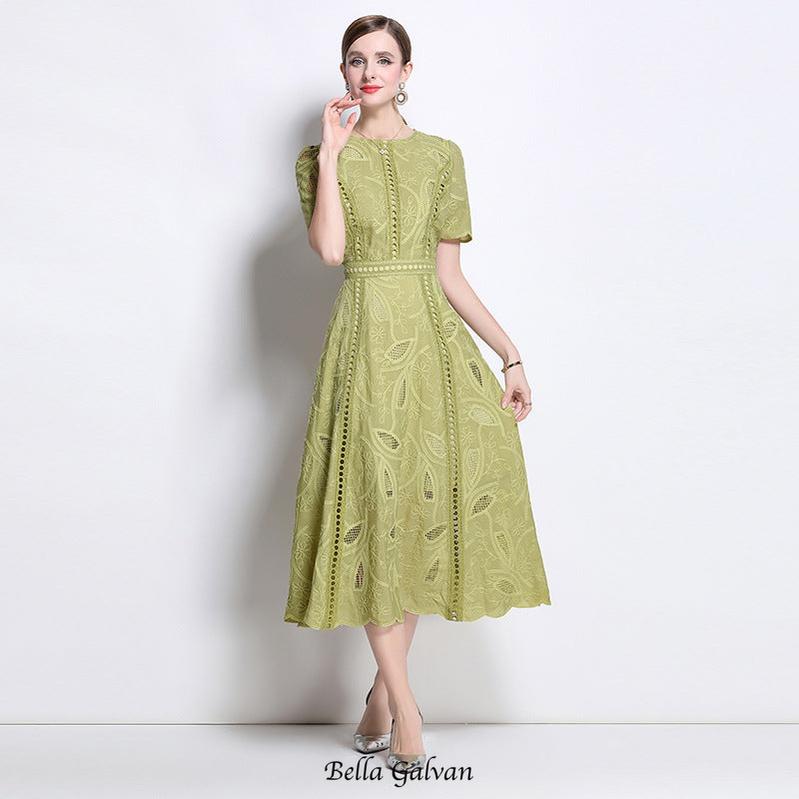 dana hollow embroidery lace midi dress in green