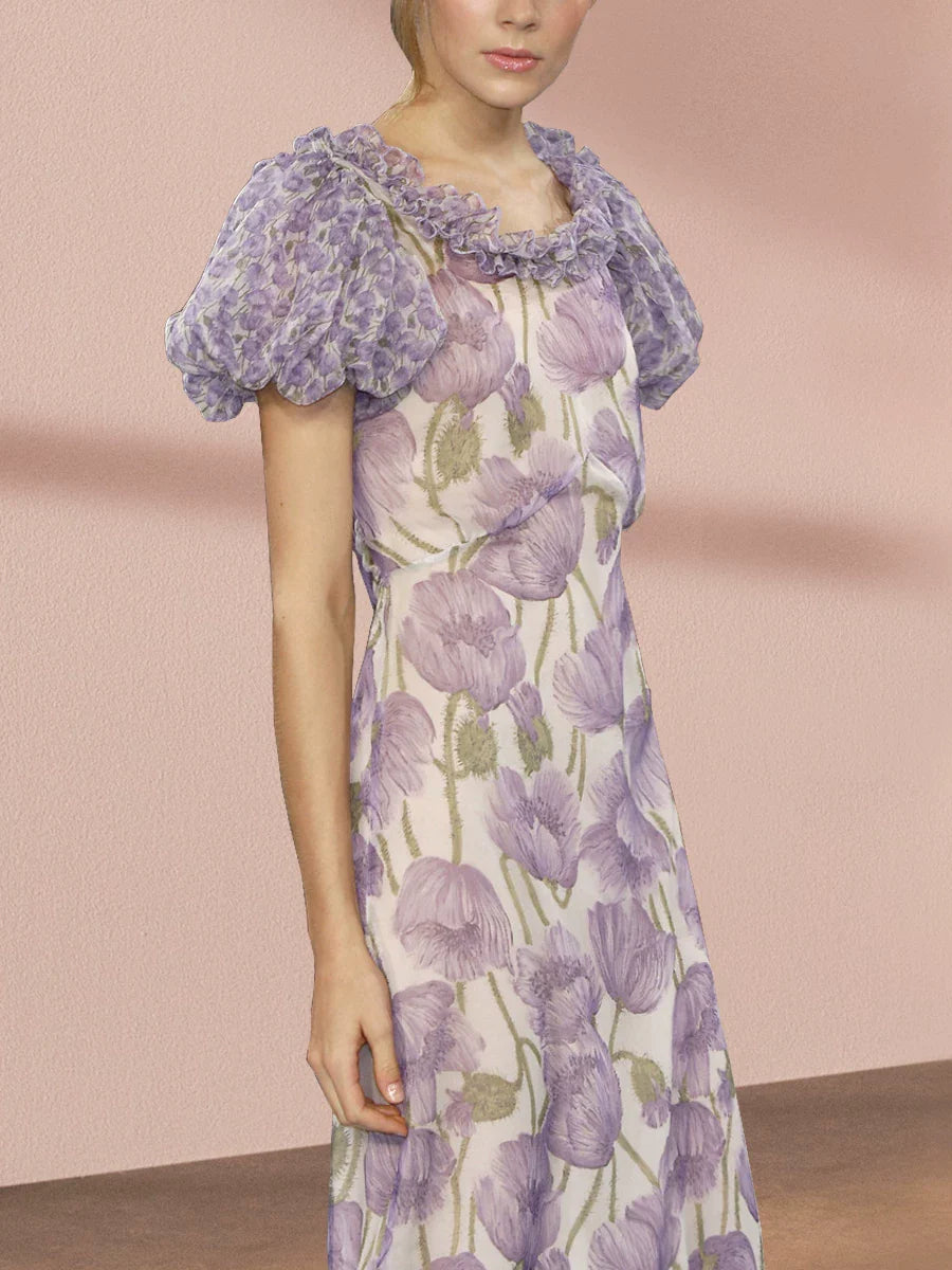 Puff sleeve floral skirt summer small fresh very fairy dress, purple summer thin long skirt gentle fungus side girl