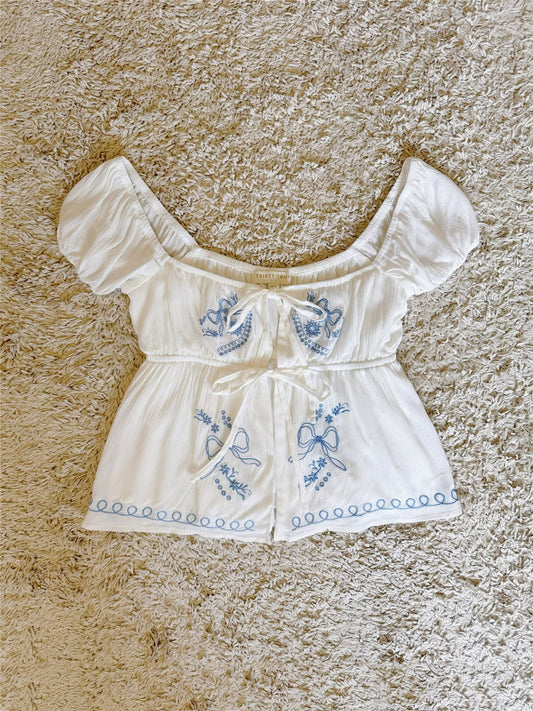 bow embroidery high-waisted cropped top
