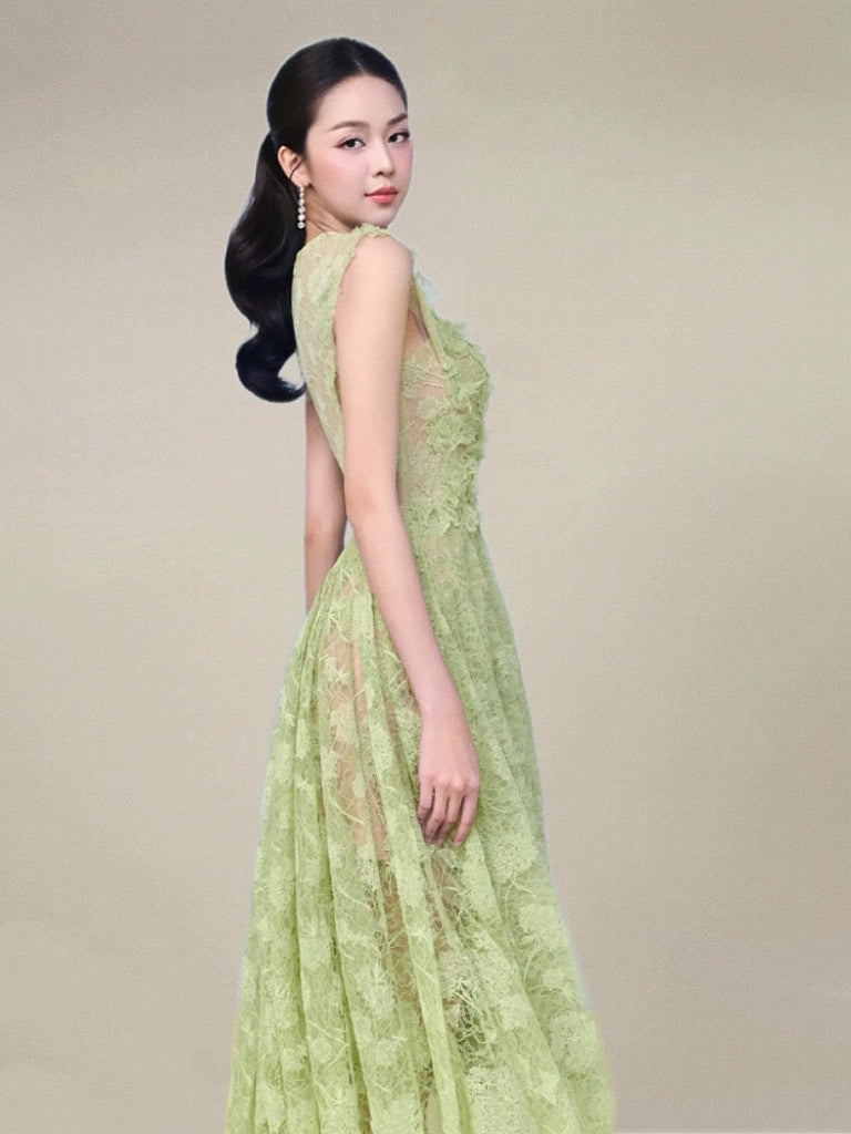 Jennifer Lace Flower Embellished Maxi Dress In Green