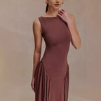 Flowering Girl Women brown pleated one-line neck pleated open back dress
