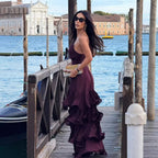 Flowering Girl Women lorraine Waist-cinching backless camisole cake maxi dress - burgundy