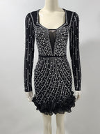 jenny Black Crystal Embellished Flutter Trim Mini Dress