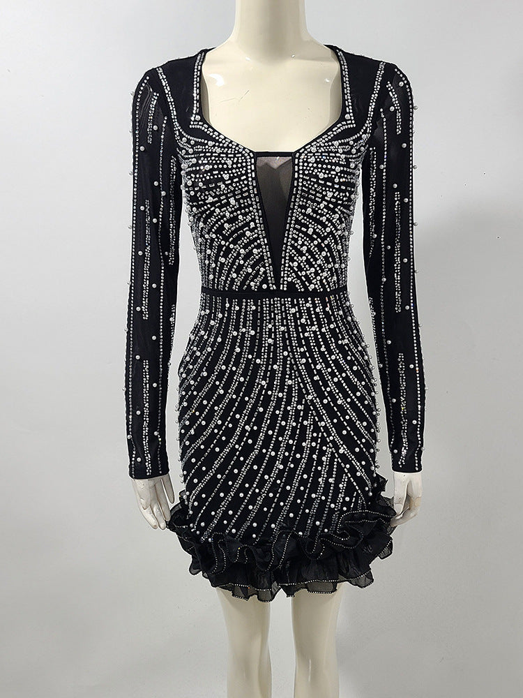 Jenny Black Crystal Embellished Flutter Trim Mini Dress