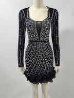 Jenny Black Crystal Embellished Flutter Trim Mini Dress