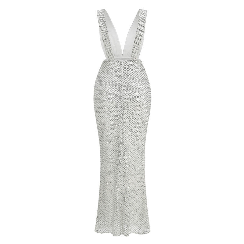 Flowering Girl Women Rebecca Bow Sequin Embellished v Neck Maxi Dress In Silver