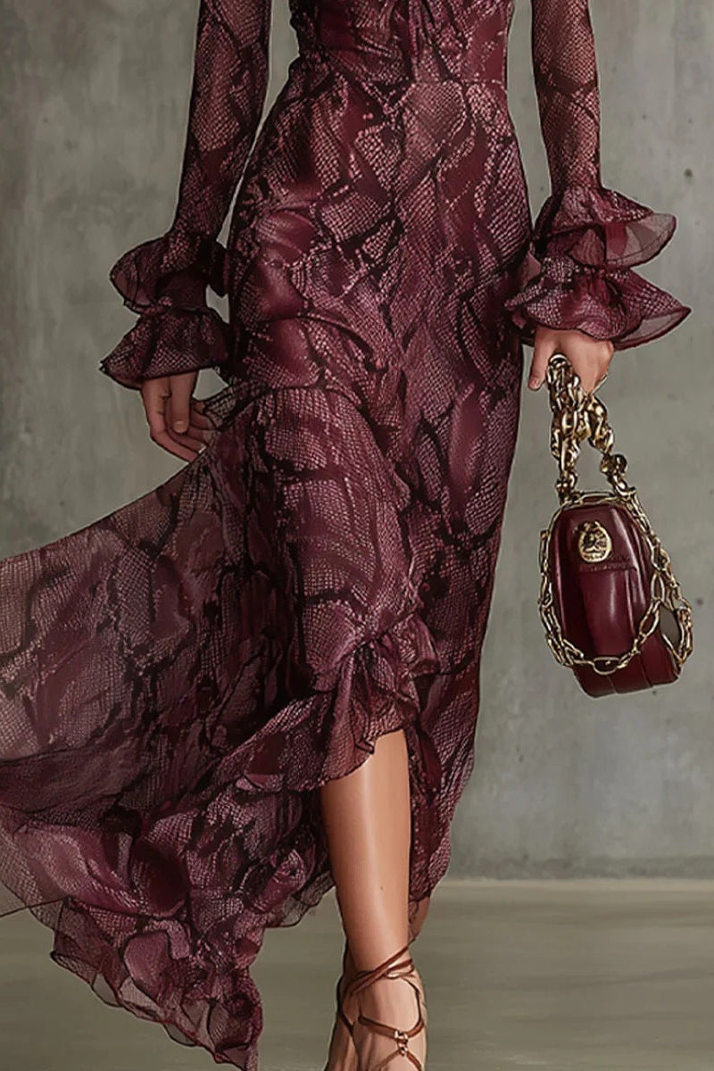 Flowering Girl Women flared sleeve tether V-neck dress long sleeve maxi dress
