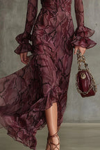 Flowering Girl Women flared sleeve tether V-neck dress long sleeve maxi dress