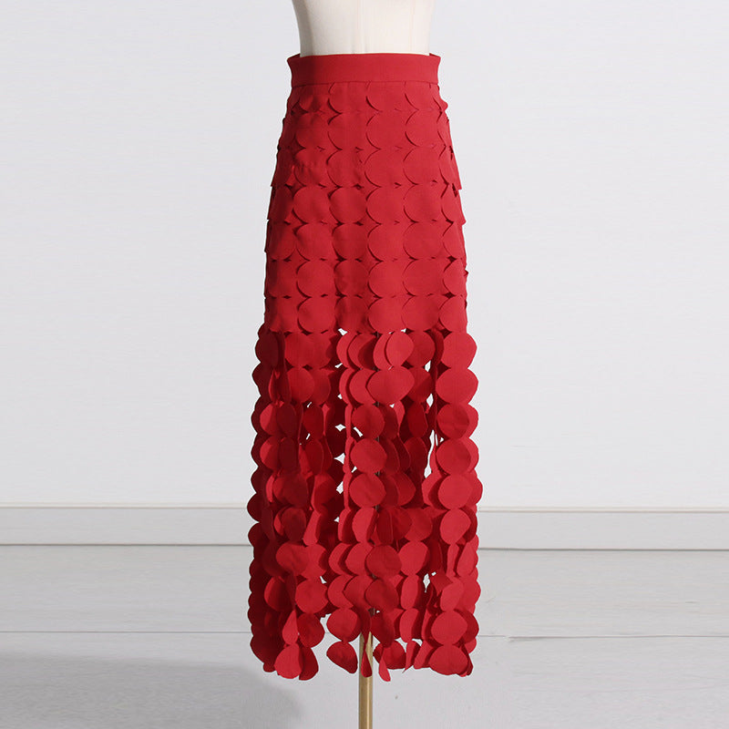 Flowering Girl Women CIRCLE CUTOUT FRINGE SKIRT IN RED