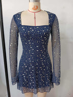 amanda navy Long Sleeve Rhinestone Mesh Mini Dress