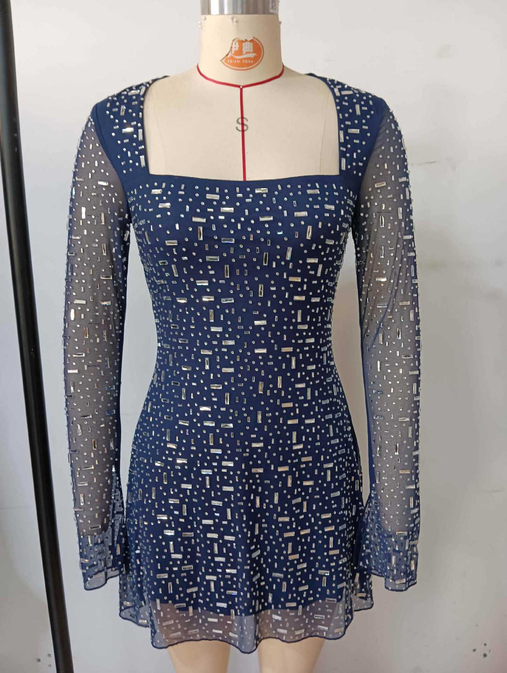 Flowering Girl Women Amanda Navy Long Sleeve Rhinestone Mesh Mini Dress