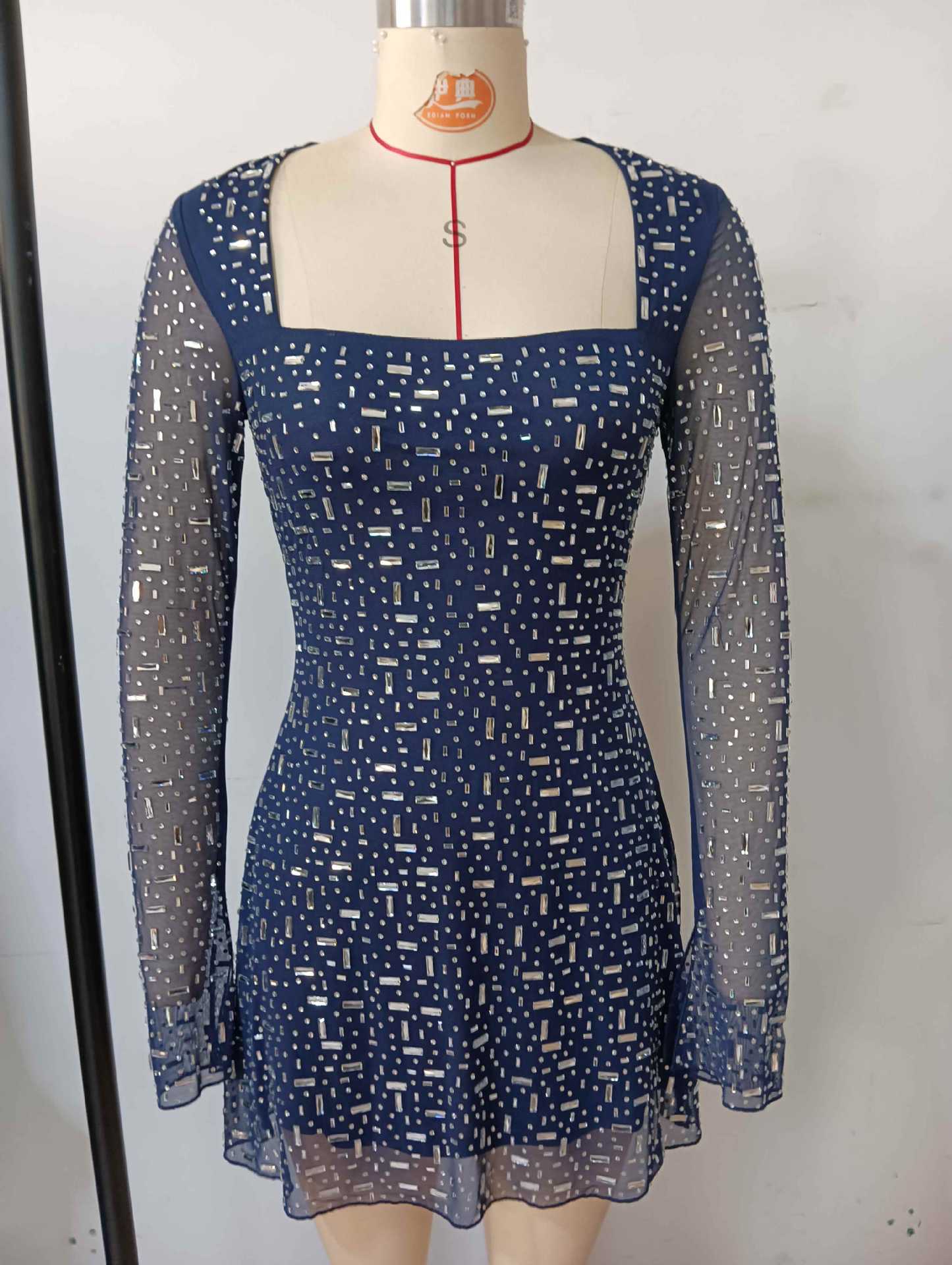 Flowering Girl Women Amanda Navy Long Sleeve Rhinestone Mesh Mini Dress