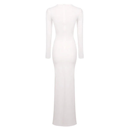 Long-sleeved ribbon-trimmed round-neck maxi dress