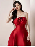 Flowering Girl Women mignon 3d flower satin strapless midi dress in red