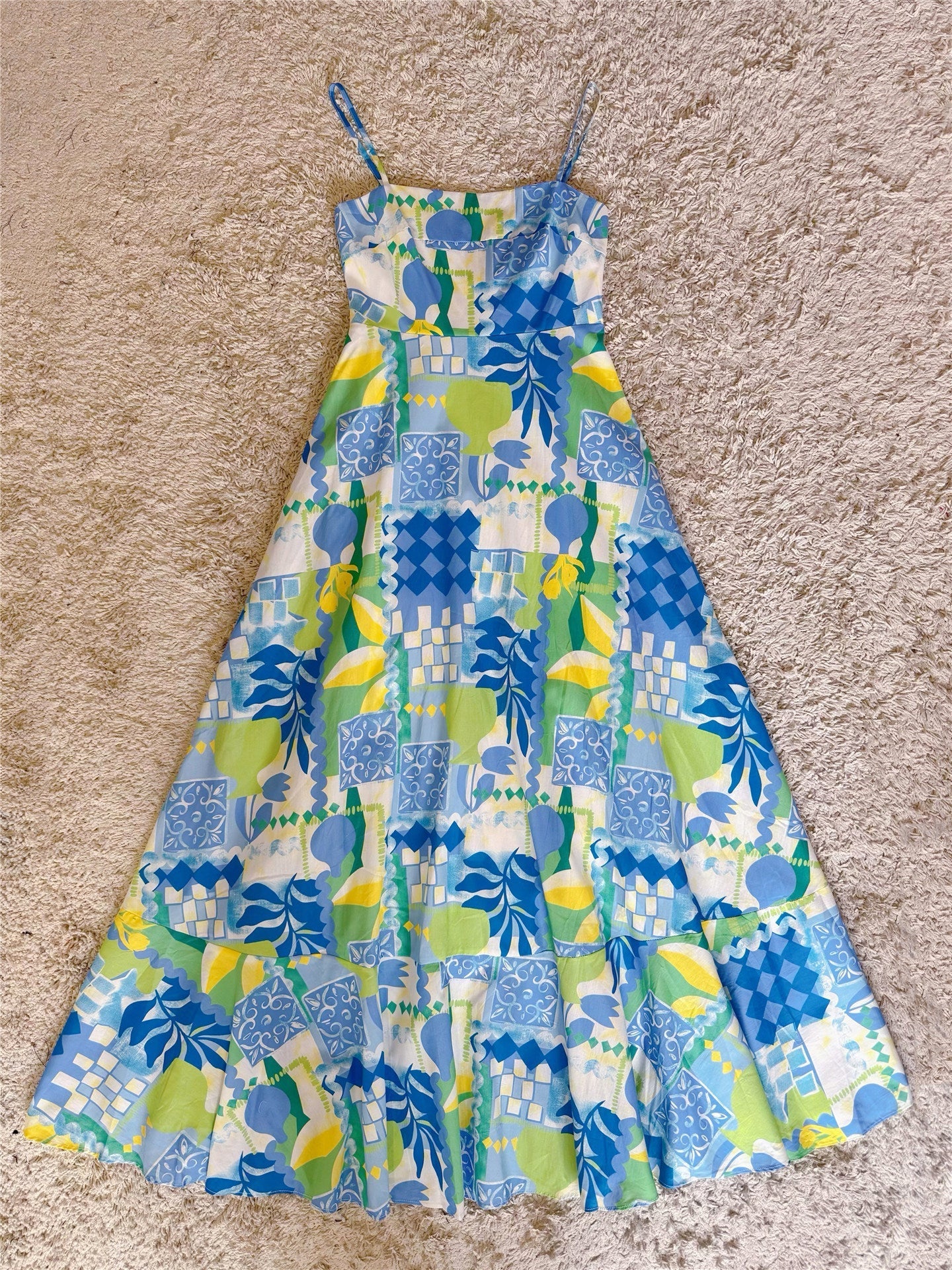 Flowering Girl Women Scalloped Trim Tropical Patchwork Print Spaghetti Strap Maxi Dress