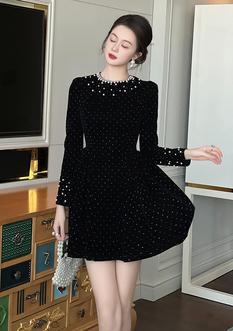 sheila black Beaded rhinestone-embellished flared mini dress