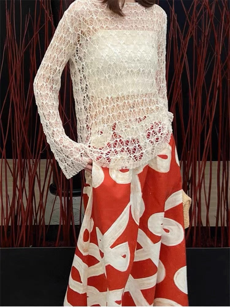 Red A-Line  Hand-Painted Printed Skirt