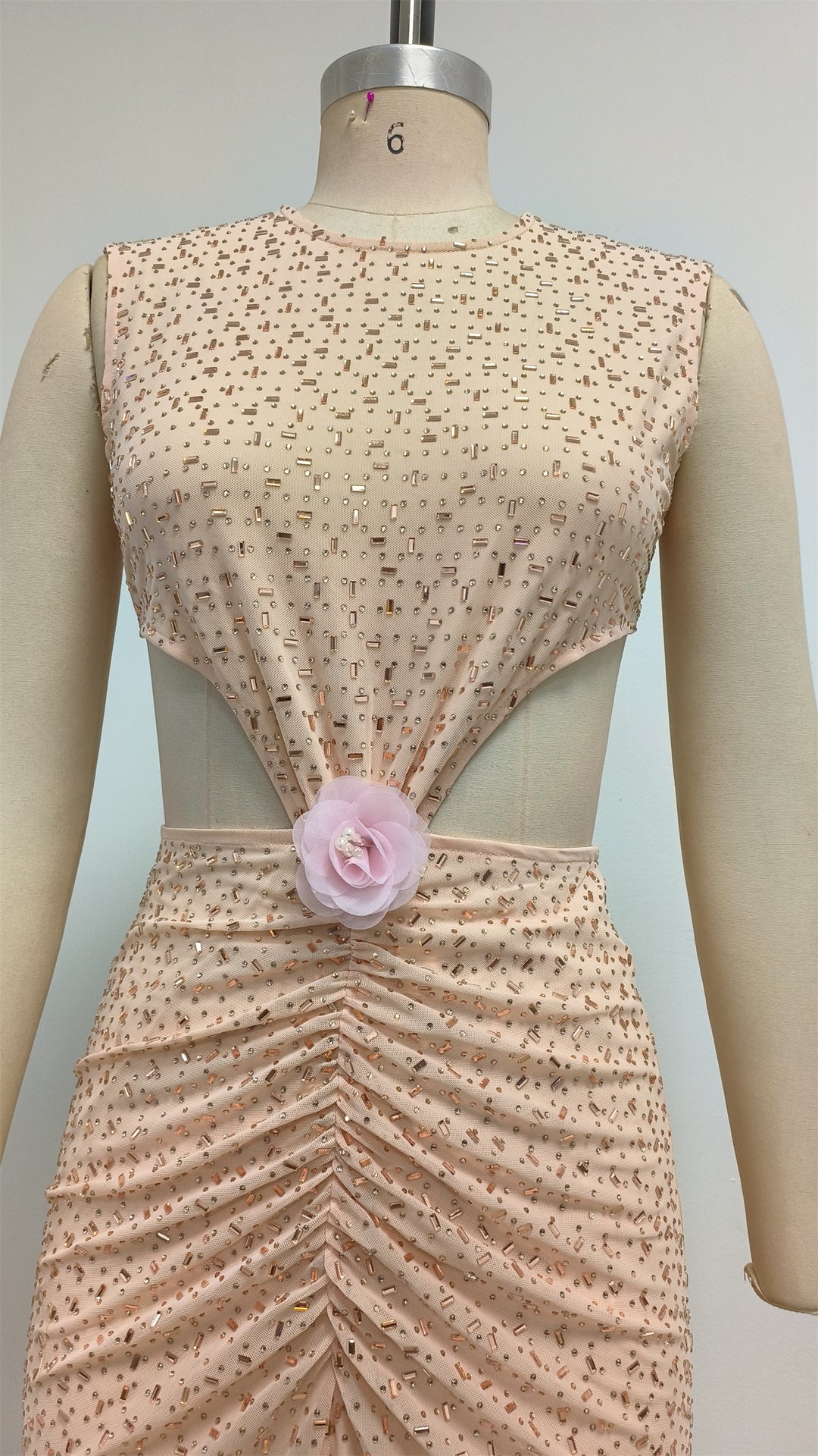 Vivien Flower Sequin Cutout Maxi Dress In Apricot