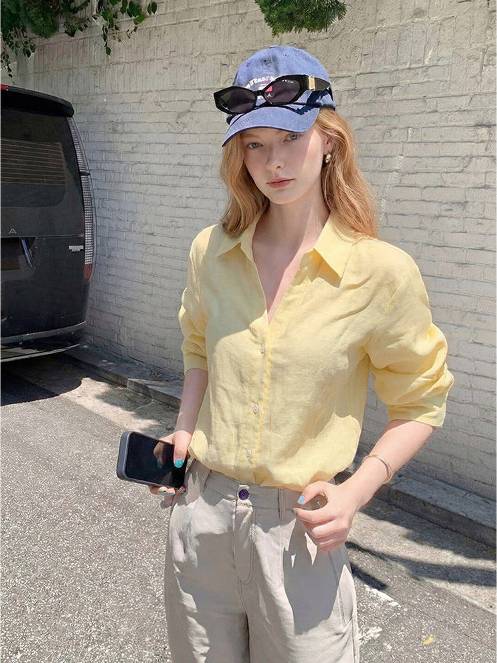 Flowering Girl Women Light Yellow Linen V-Neck Three-quarter Sleeve Shirt
