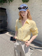 Flowering Girl Women Light Yellow Linen V-Neck Three-quarter Sleeve Shirt