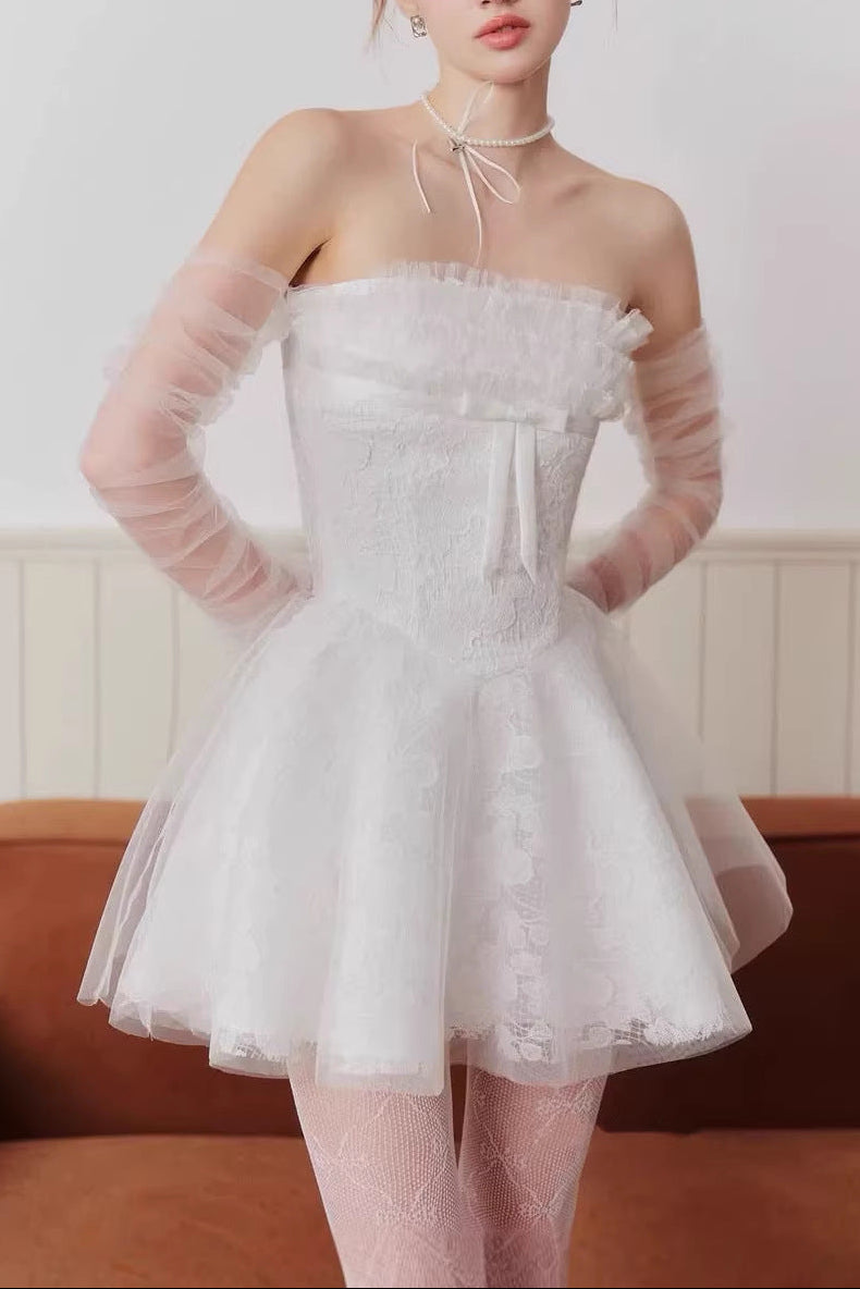 Flowering Girl Women cornelia Lace mesh ribbon A-line strapless mini dress - white