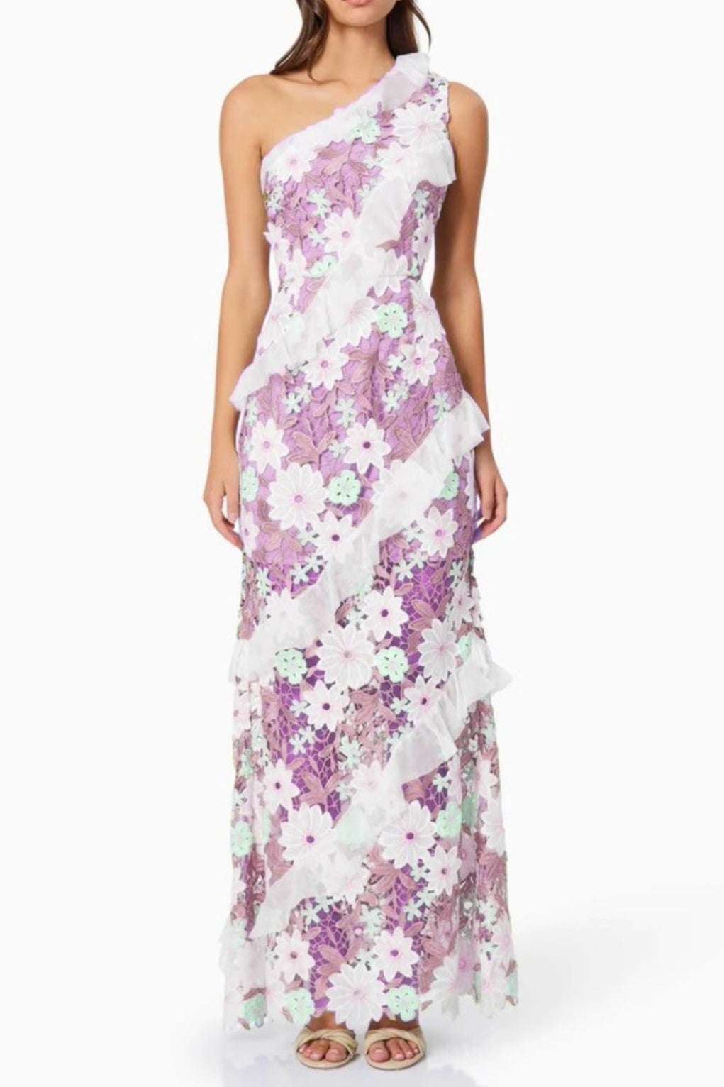 Flowering Girl Women Floral One Shoulder Lace Maxi Dress In Purple
