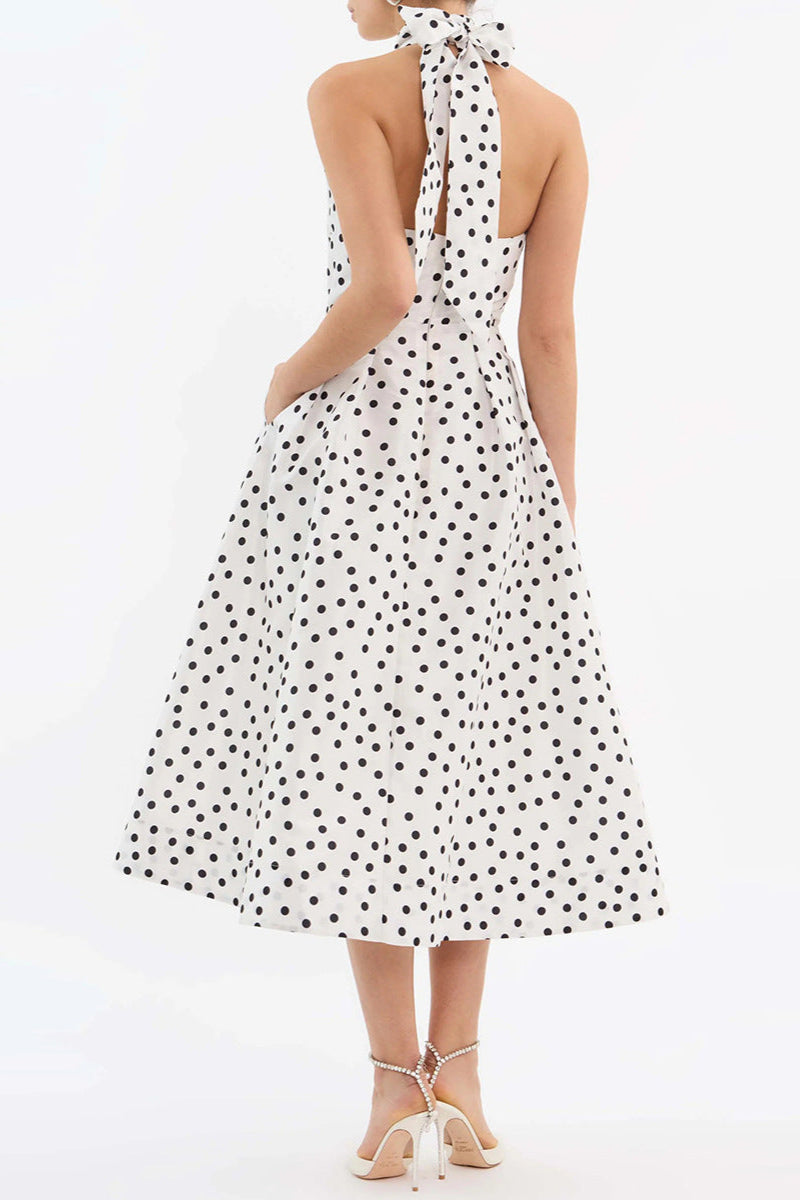 Flowering Girl Women Bow Polka Dot Halter Neck Midi Dress in white
